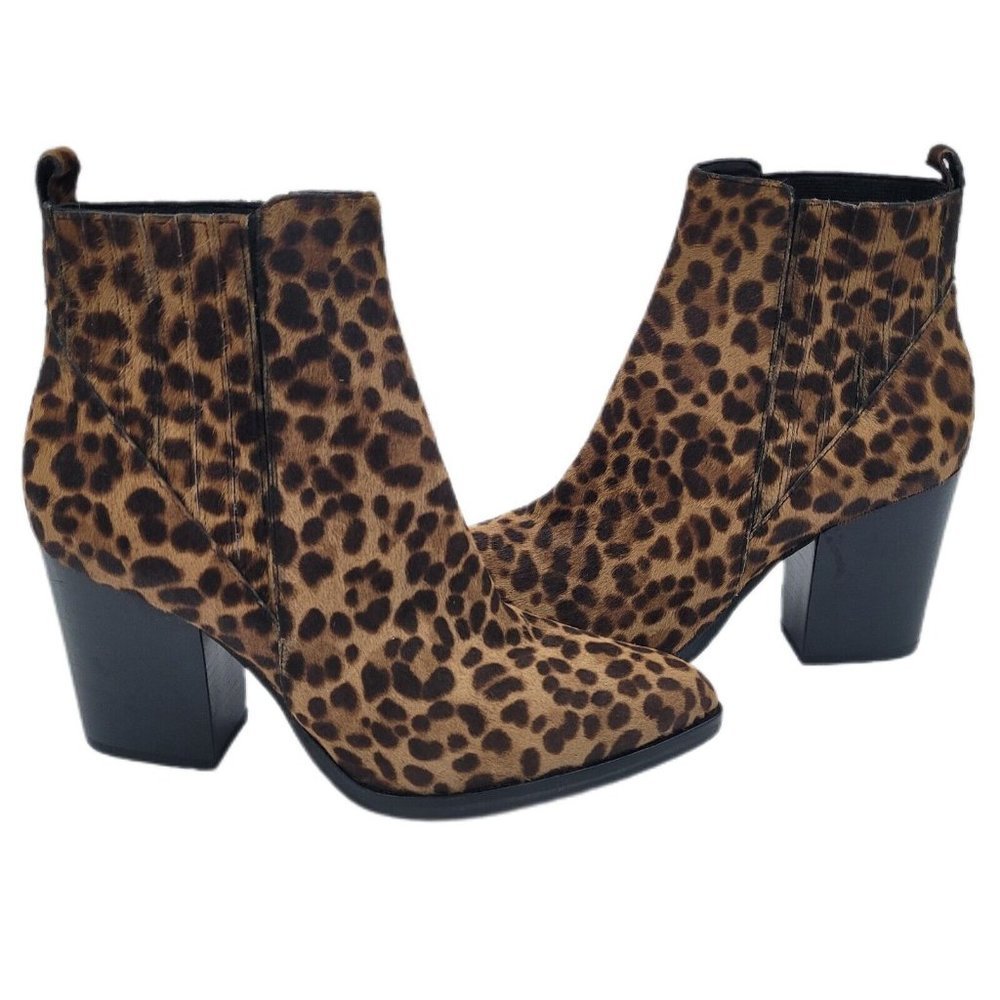 NEW Marc Fisher Alva Pointy Toe Boot Ankle Bootie in Leopard Calf Fur Size 7.5M